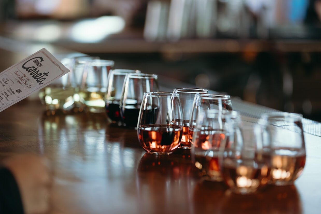 Wine glasses lined up at Brooklyn Carreta food cart pod wedding bar