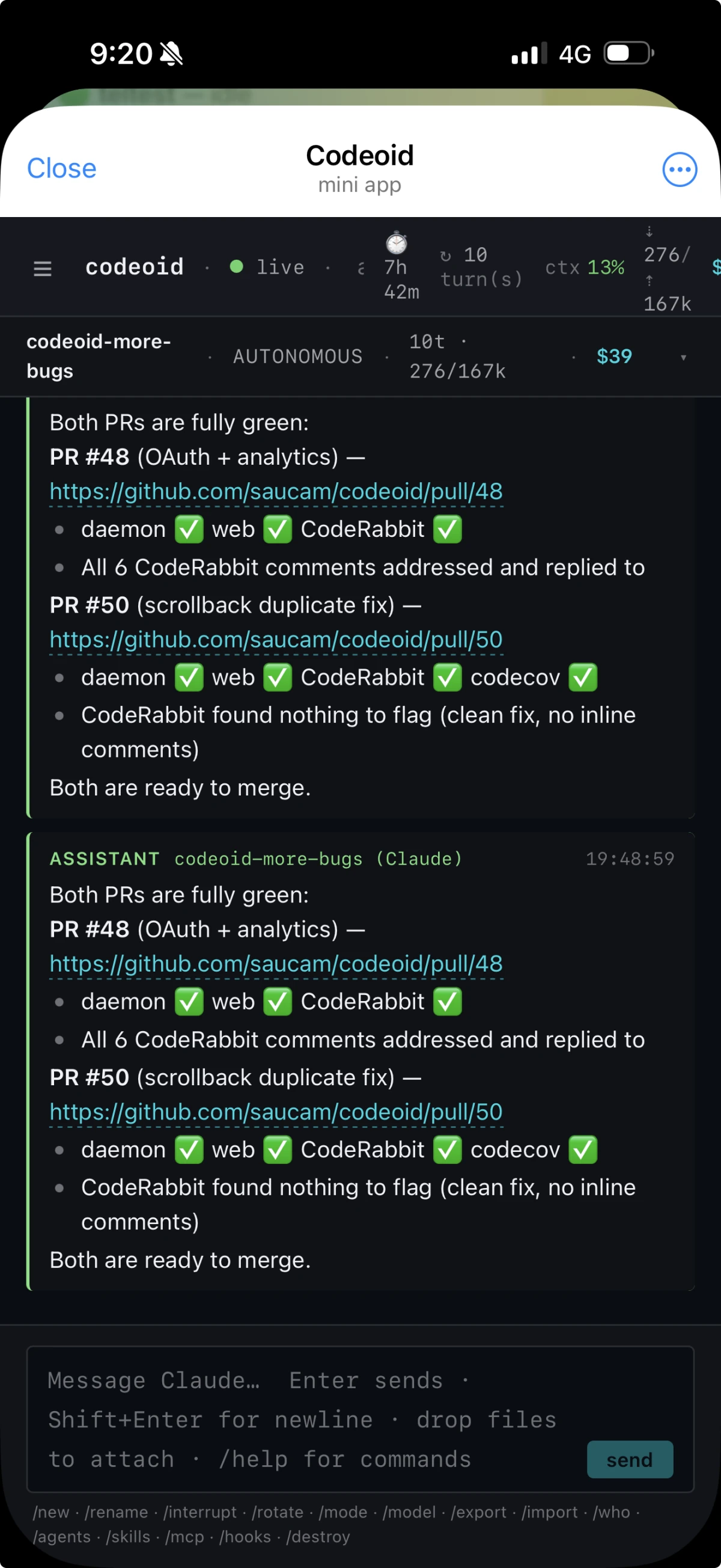 Codeoid Telegram mini app on a phone showing a live session log, a header with uptime, context occupancy, and cost, and a command input at the bottom.