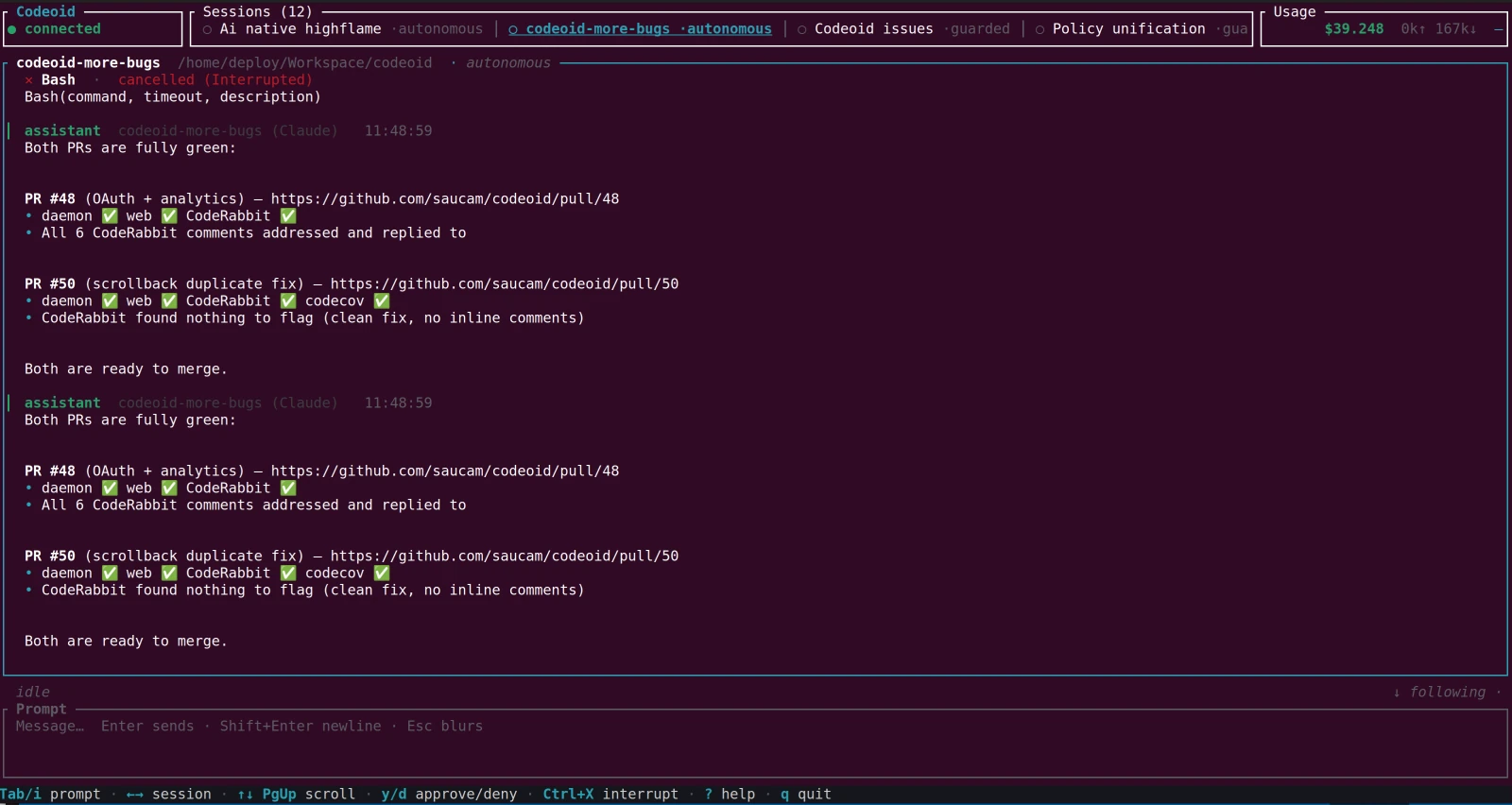 codeoid-ui, the Rust/Ratatui terminal cockpit: a top tab bar of 12 running sessions with the active one boxed, a live session log in the center, a usage and cost readout on the right, a prompt box, and a keybinding bar along the bottom.