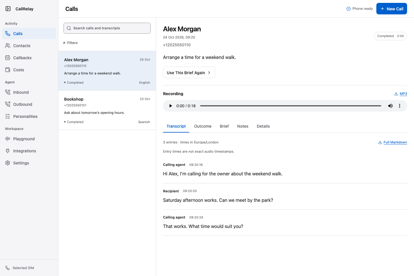 CallRelay call workspace with fictional sample data