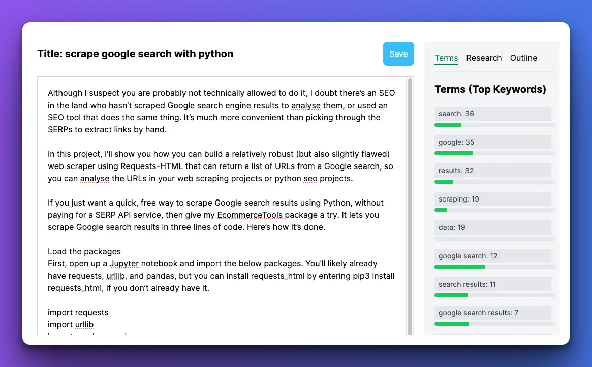 sample content optimization tool - ContentSwift