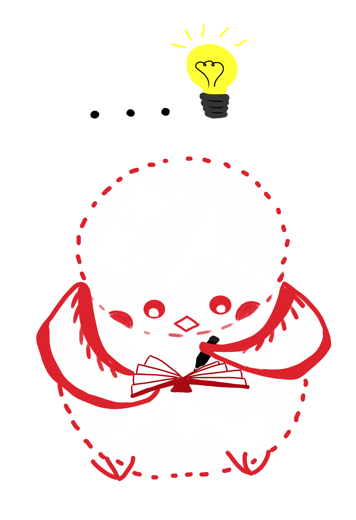 red and white bird writing in notebook with lightbulb above head
