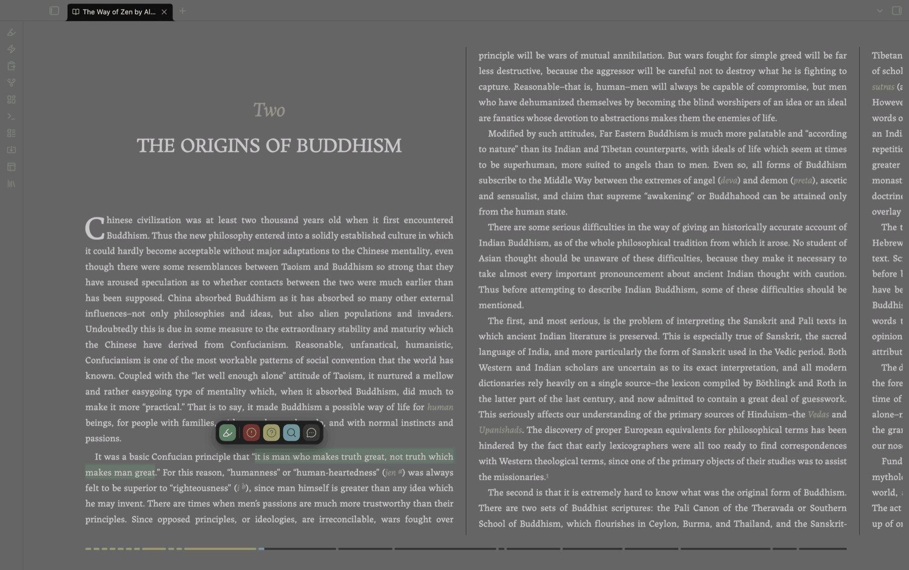 The Gloss toolbar open over a selected passage
