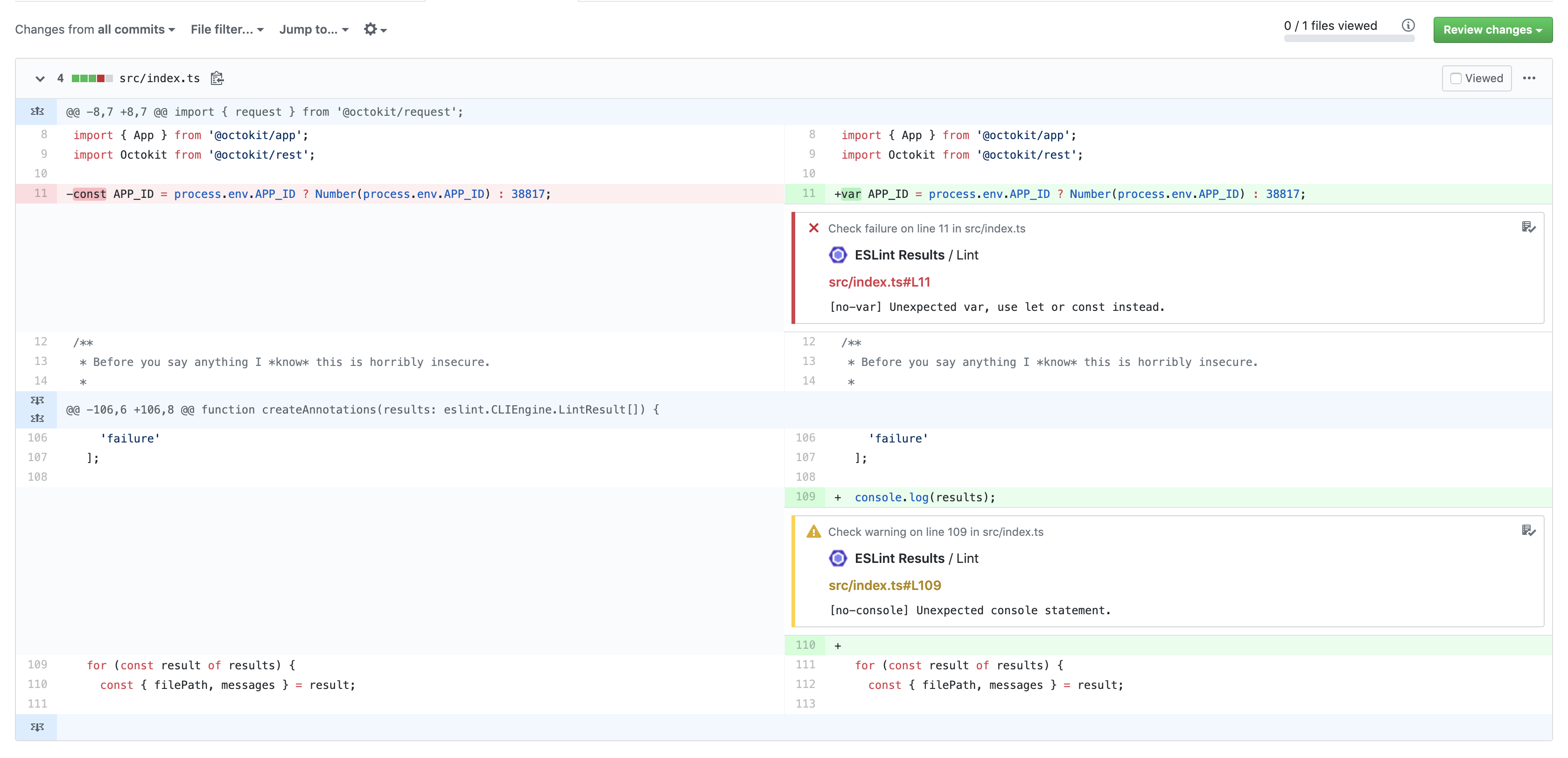 Example of annotations being included in a pull request