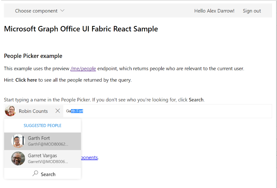 Microsoft Graph Office UI Fabric React Sample screenshot