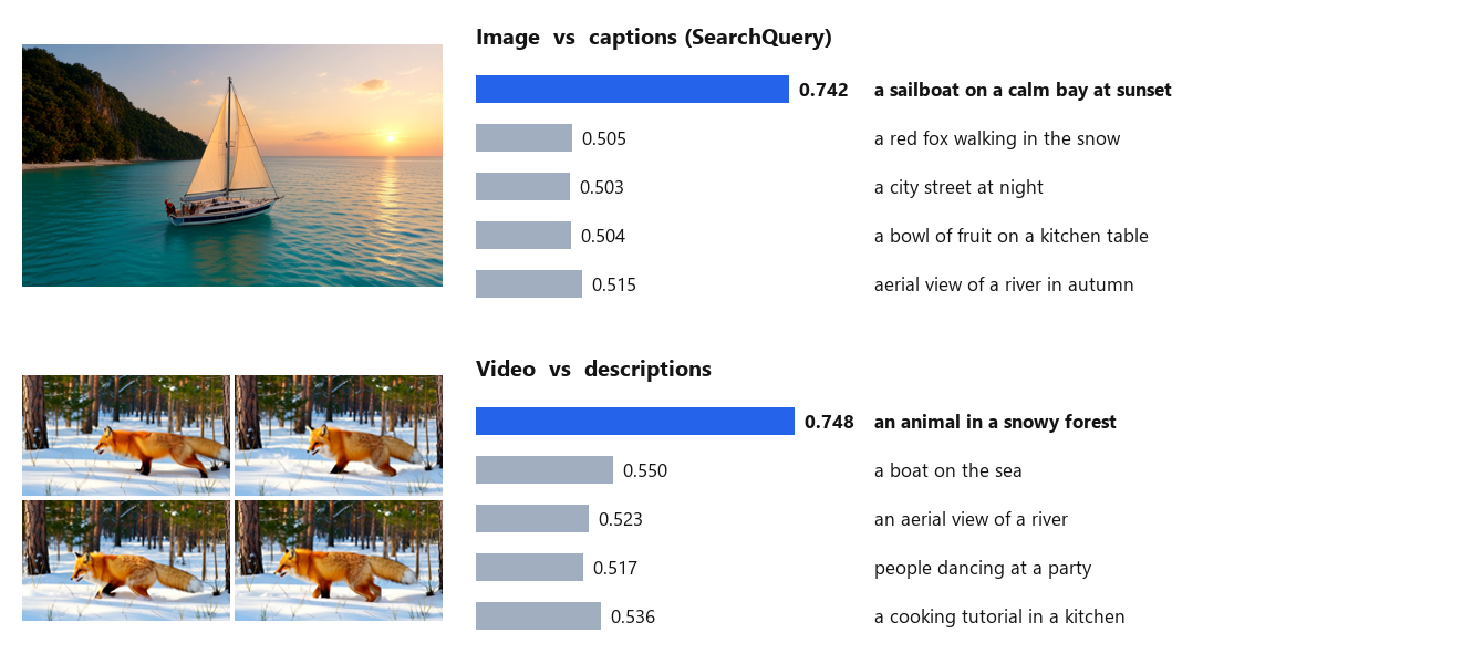 Similarity of an image to five captions and of a video to five descriptions, computed with these nodes