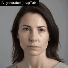 AI-generated demo: fictional portrait + synthetic speech -> LeapTalk talking head (reduced GIF, no sound)