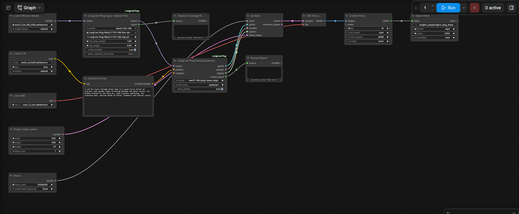 The LongLive-Plug 4-step workflow in the ComfyUI frontend