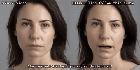 Source video next to the TBDub result driven by new speech (AI-generated, fictional person, synthetic voice)