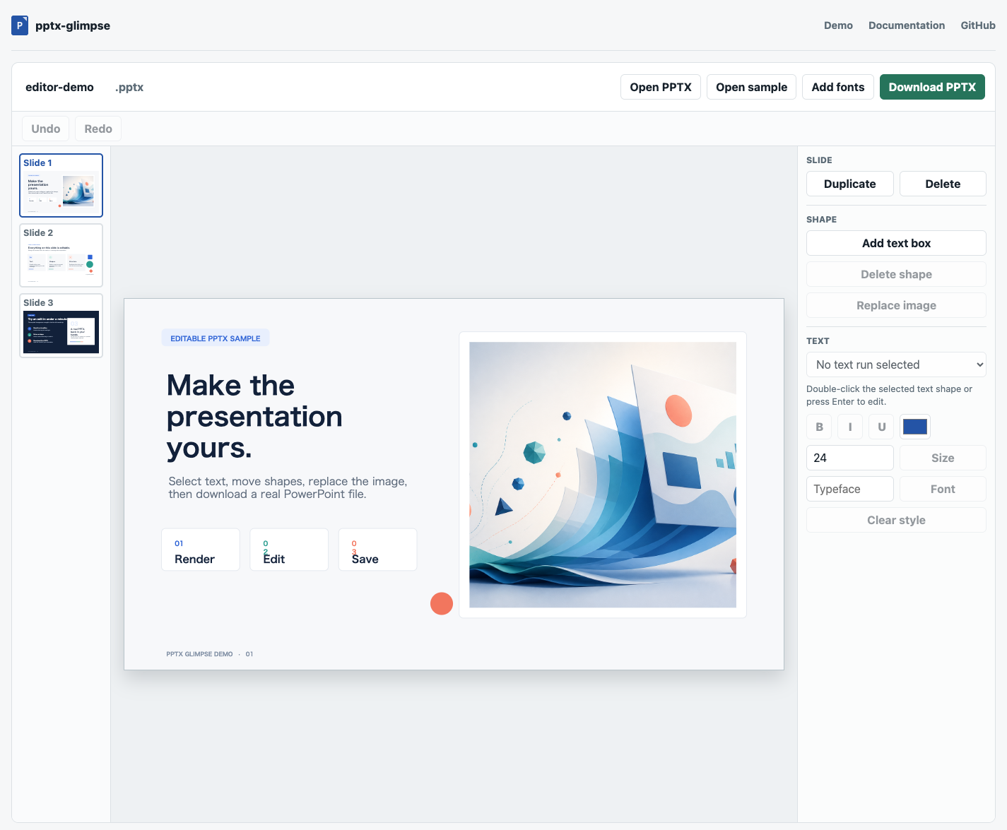 pptx-glimpse browser rendering and editing demo