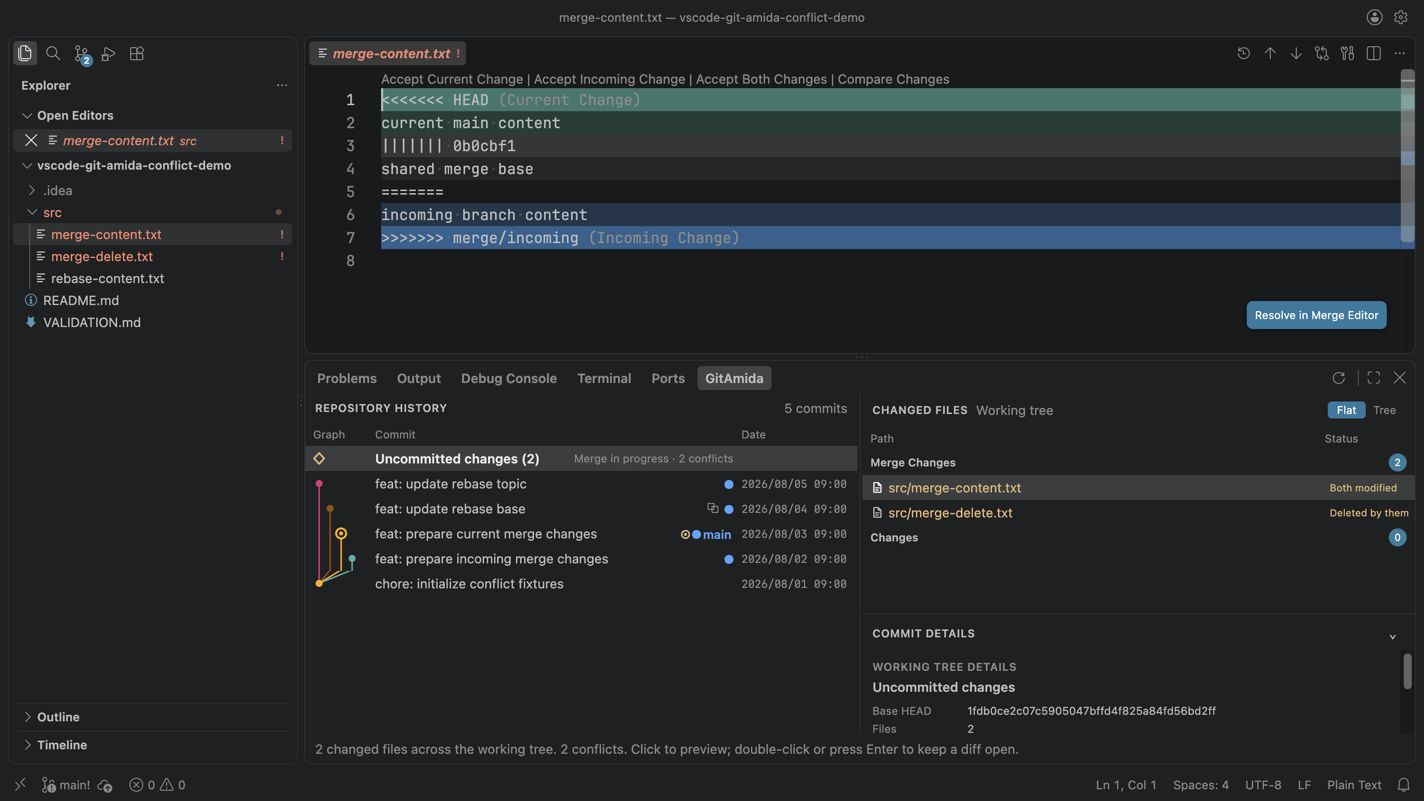 GitAmida showing an in-progress merge, two unresolved files, and VS Code's native conflict editor