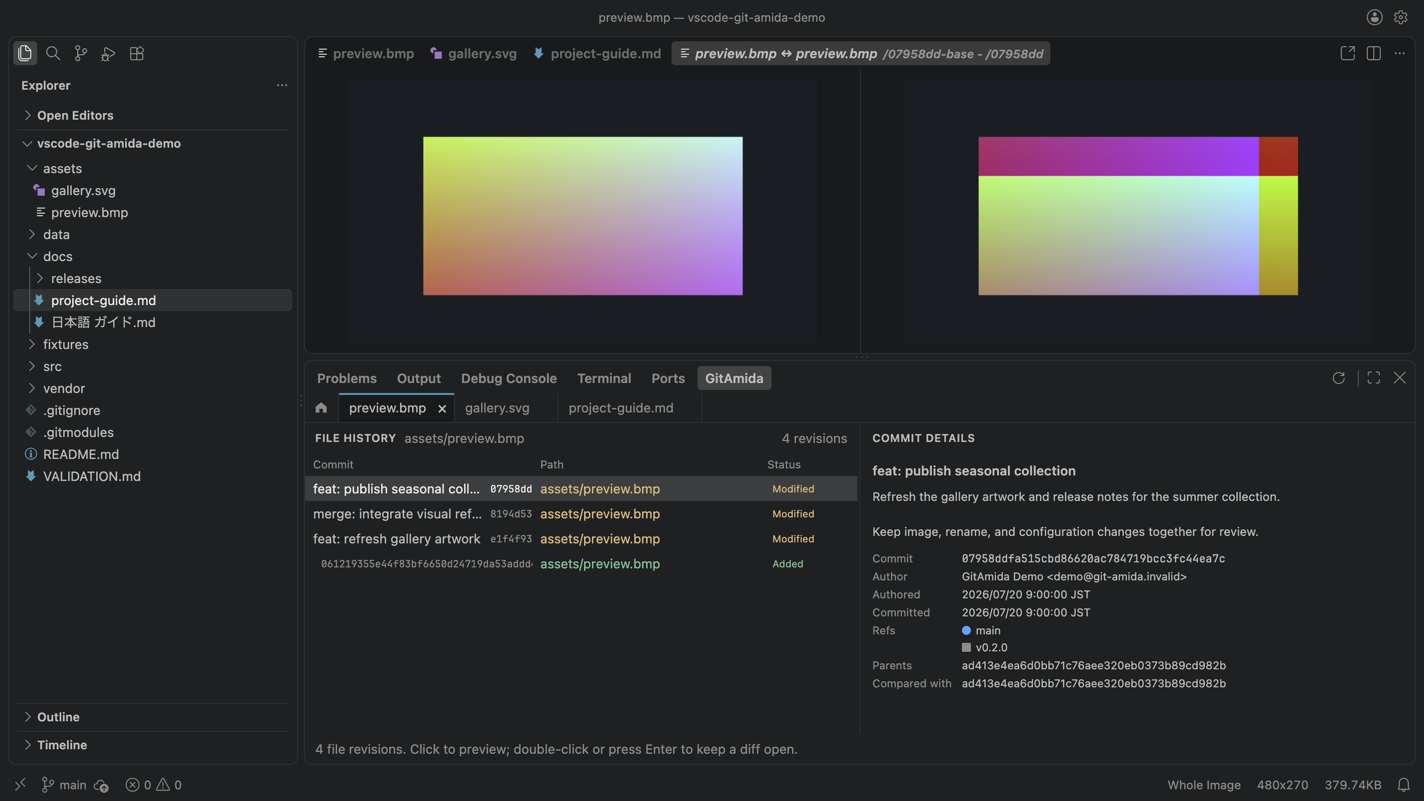 GitAmida File History tabs with a native image comparison