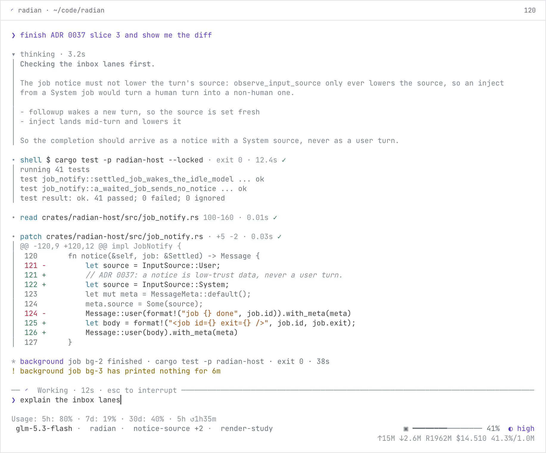 the radian TUI at 120 columns: a thinking block, a shell call, a read, a patch with its diff, job notices, the input and the footer