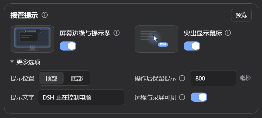接管提示设置:屏幕边缘与提示条、突出显示鼠标两个开关,各有小示意图,右上角是预览按钮;展开的更多选项里有提示位置(顶部或底部)、提示文字、操作后保留提示的毫秒数,以及远程与录屏可见