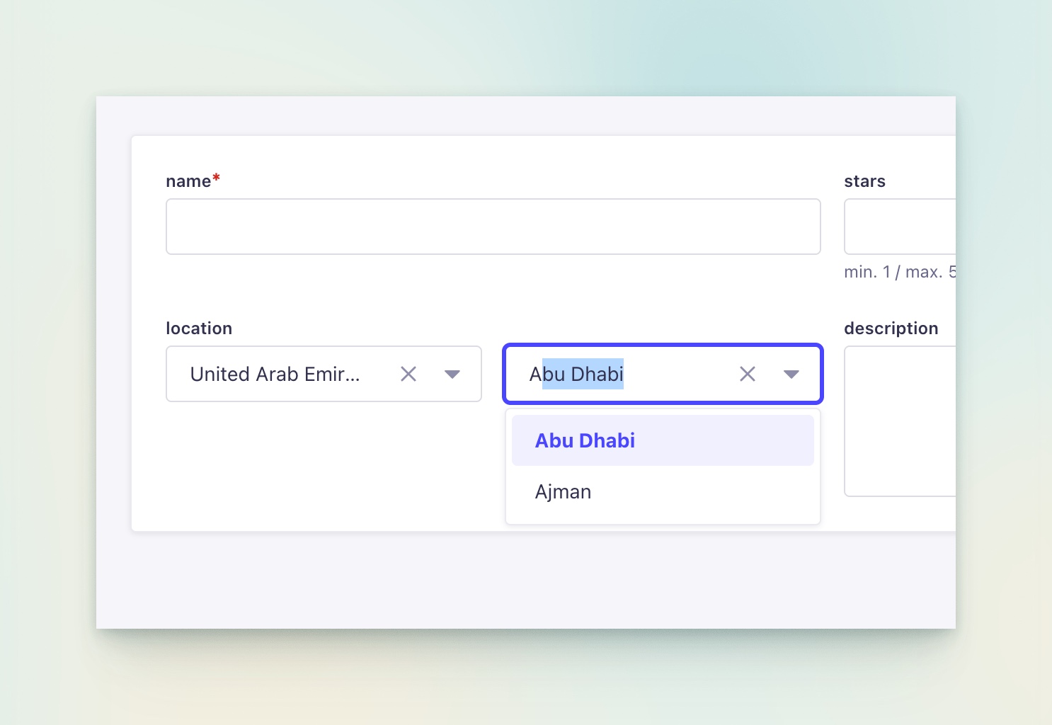 Country and Region selector with autocomplete