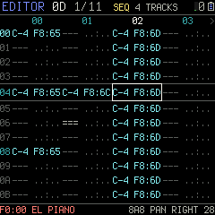 The EDITOR: a pattern's cells on 4 tracks, each a note, an instrument, a volume and a command
