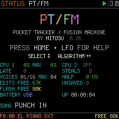 STATUS, the start screen: POCKET TRACKER / FUSION MACHINE, BY HITOSU