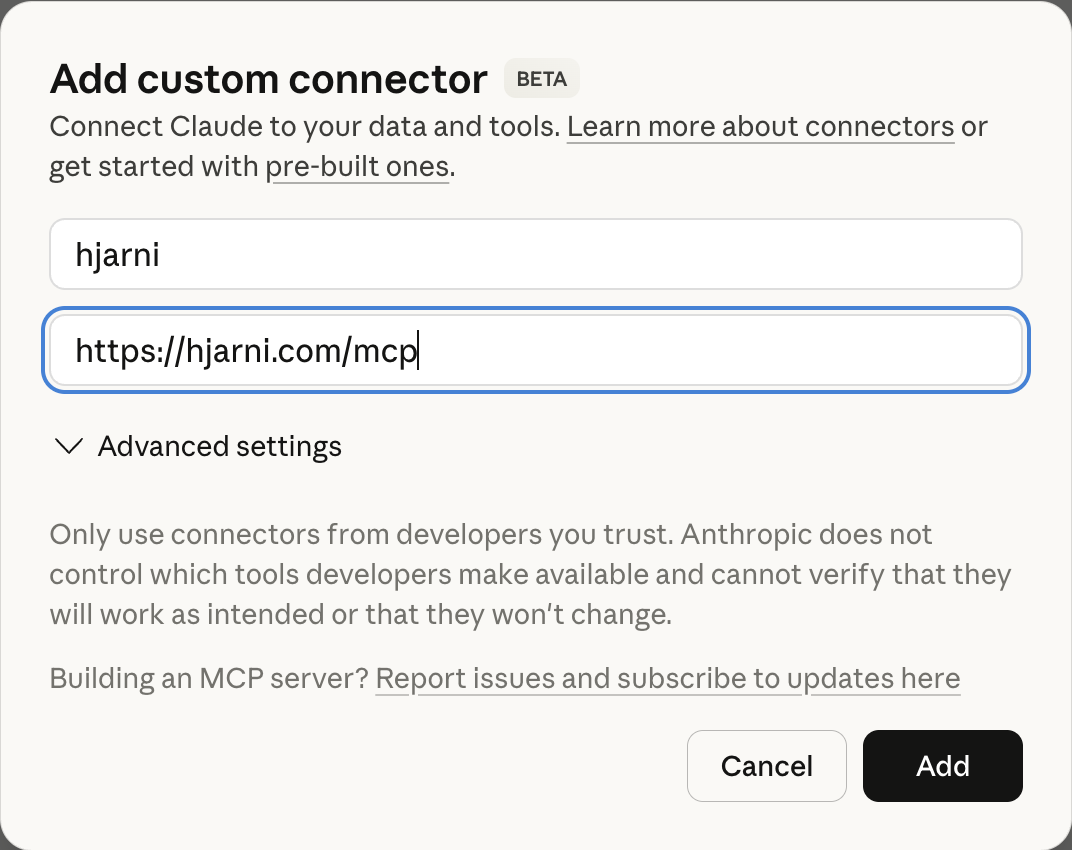 Claude Add Connector dialog