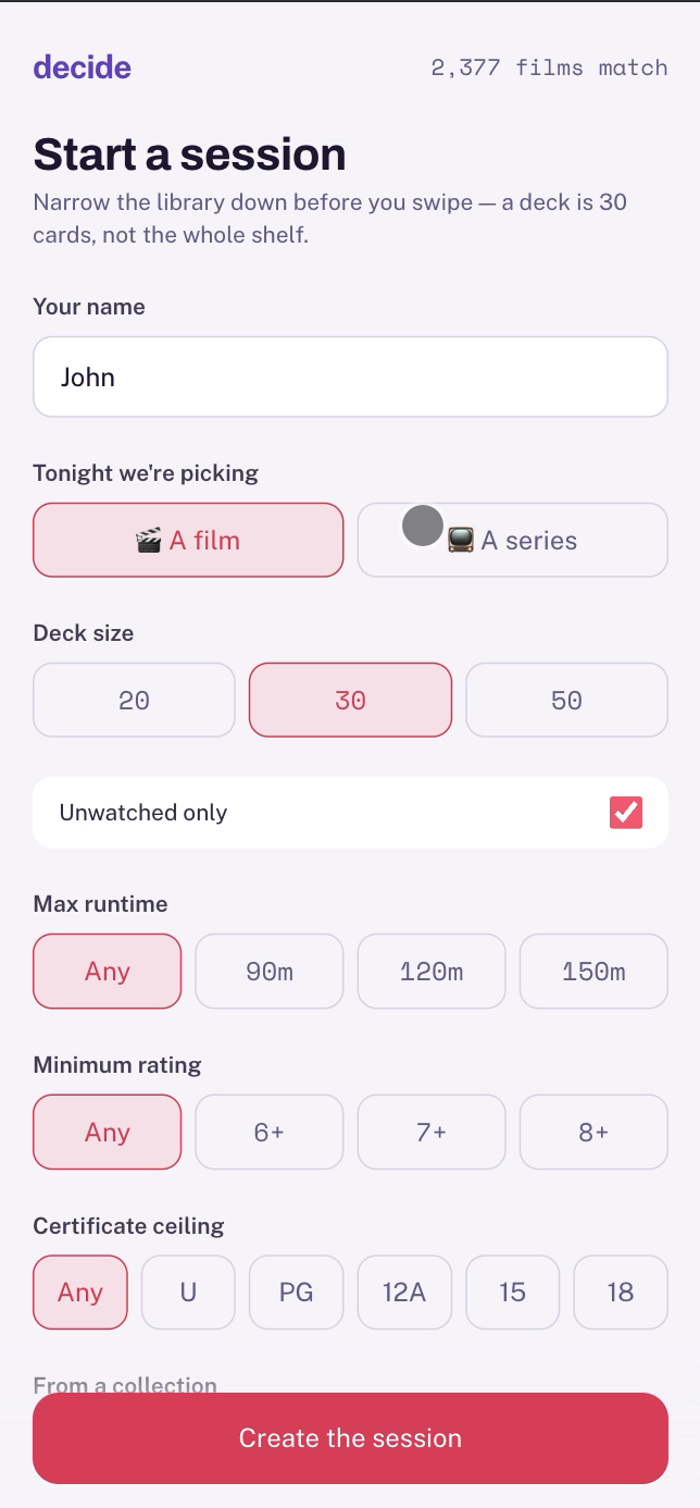 Starting a session - moods, filters and deck size
