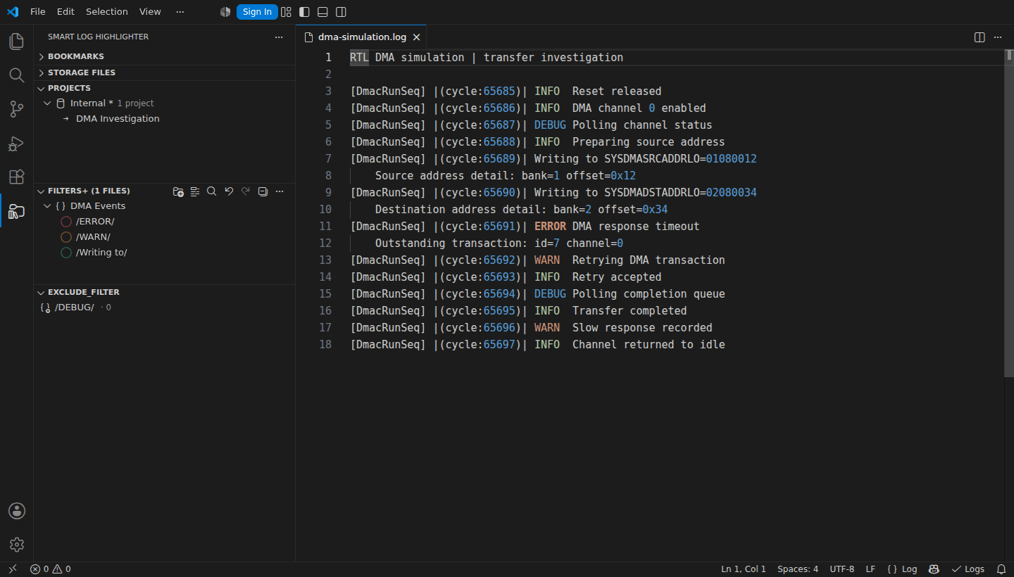 Animated demo toggling regex highlights for matching messages, errors, and warnings in a text file