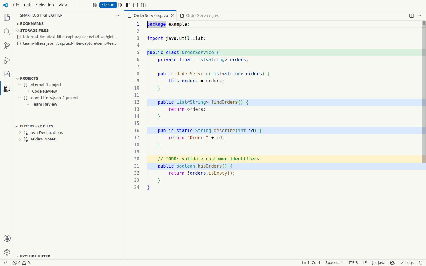 Animated Java example showing highlighted class and method declarations plus a TODO, followed by the same matching lines in Focus Mode