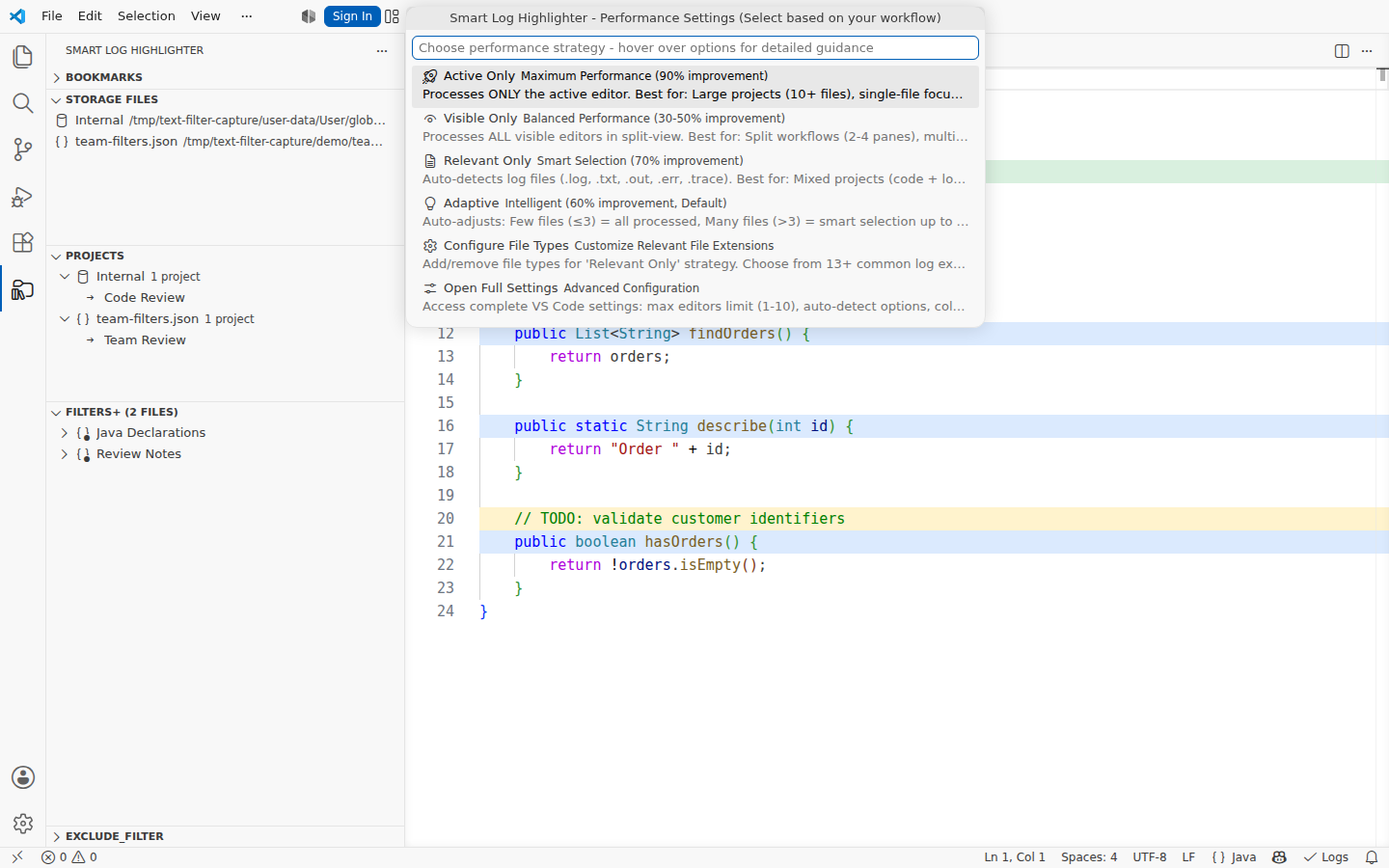 Actual VS Code performance settings picker showing active, visible, relevant, and adaptive editor strategies