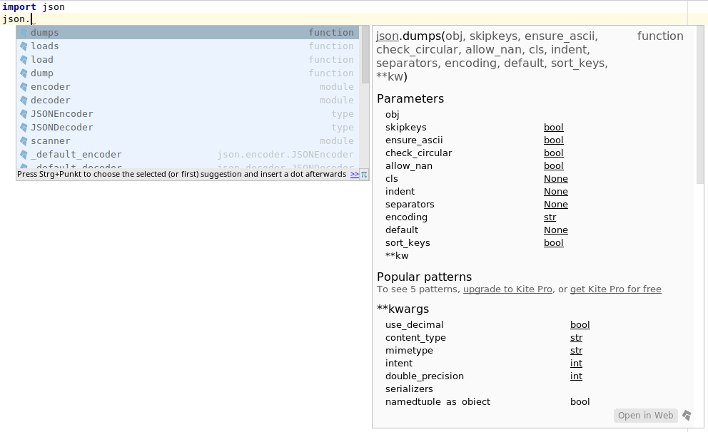 Code completion of json.dumps() with documentation