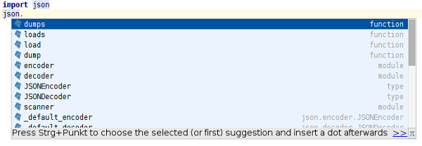 Code completion of json.dumps()