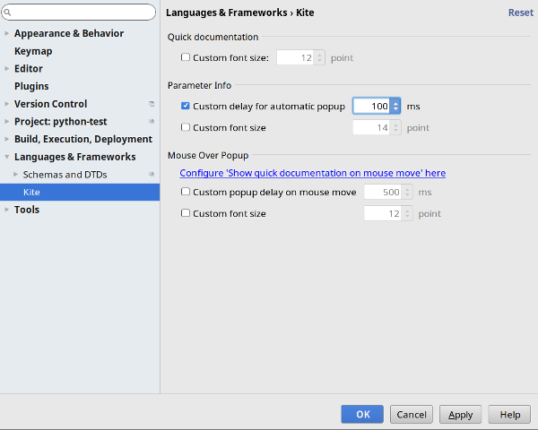 Kite plugin settings dialog