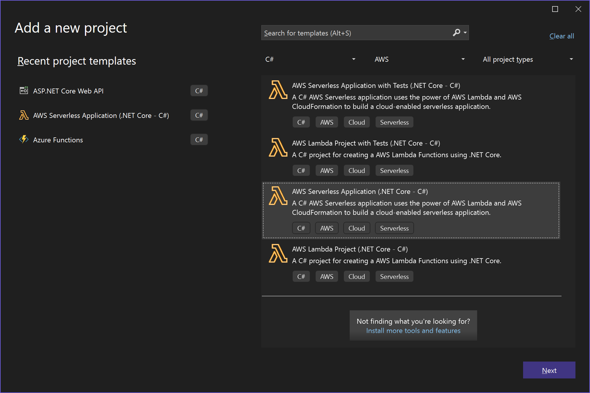 New Project - AWS Serverless Application (.NET Core - C#)