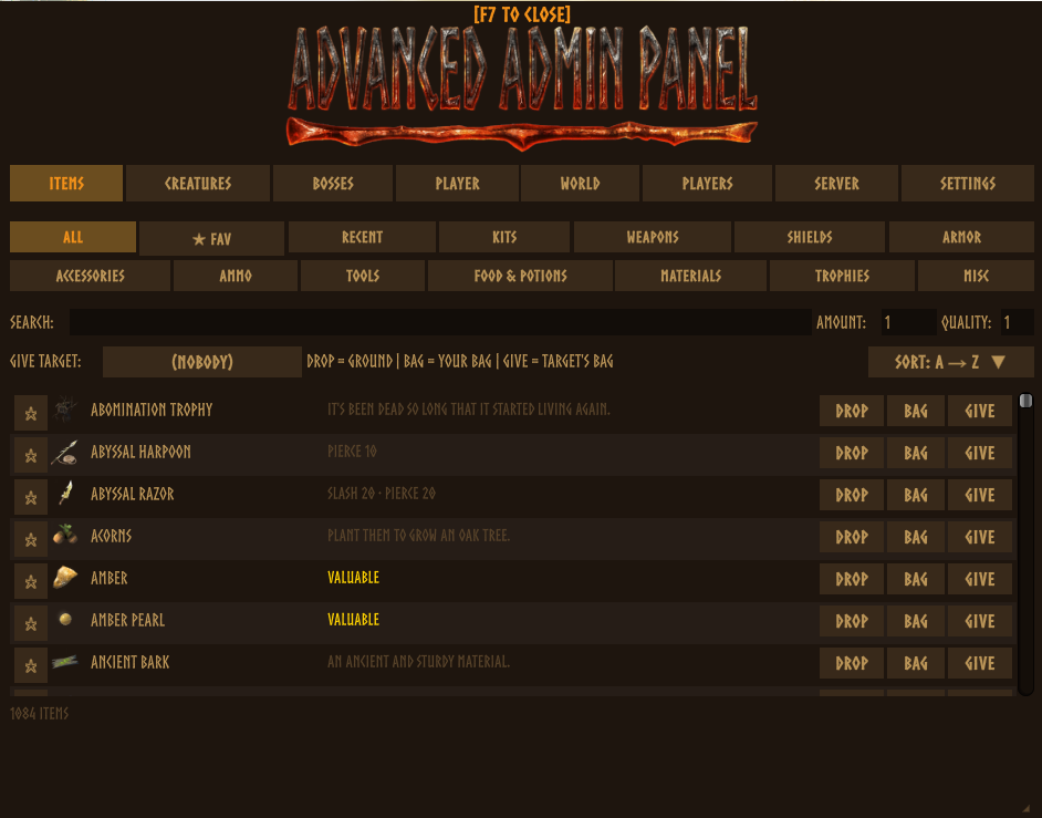 Items tab