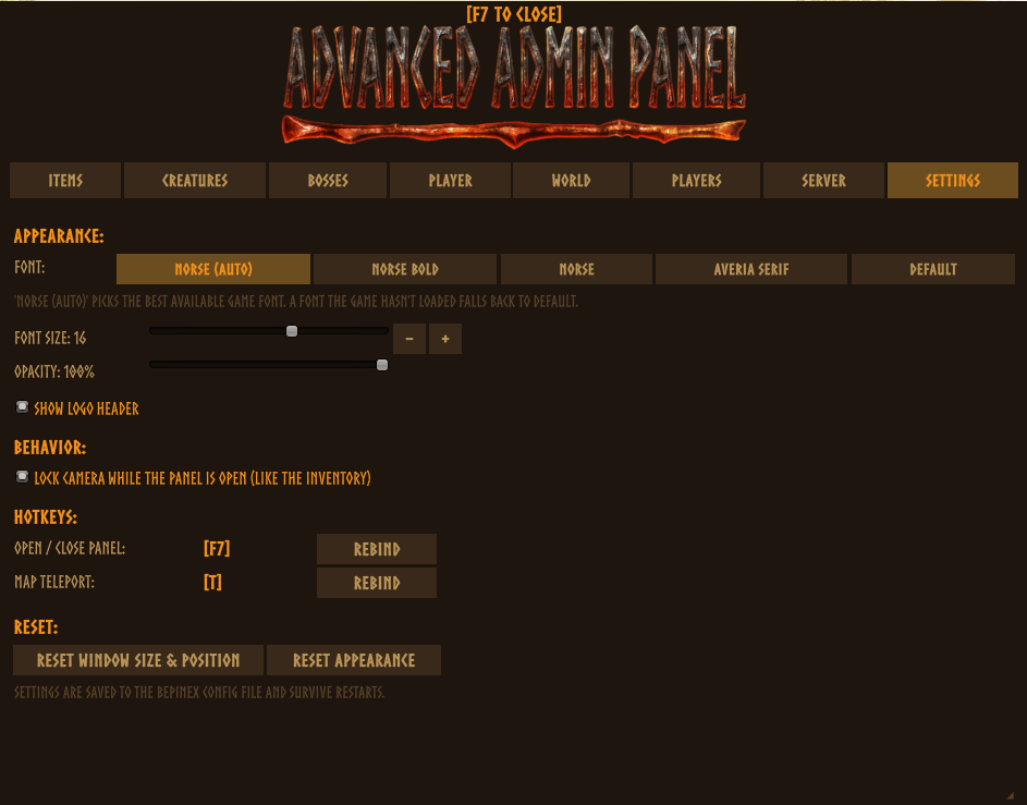 Settings tab