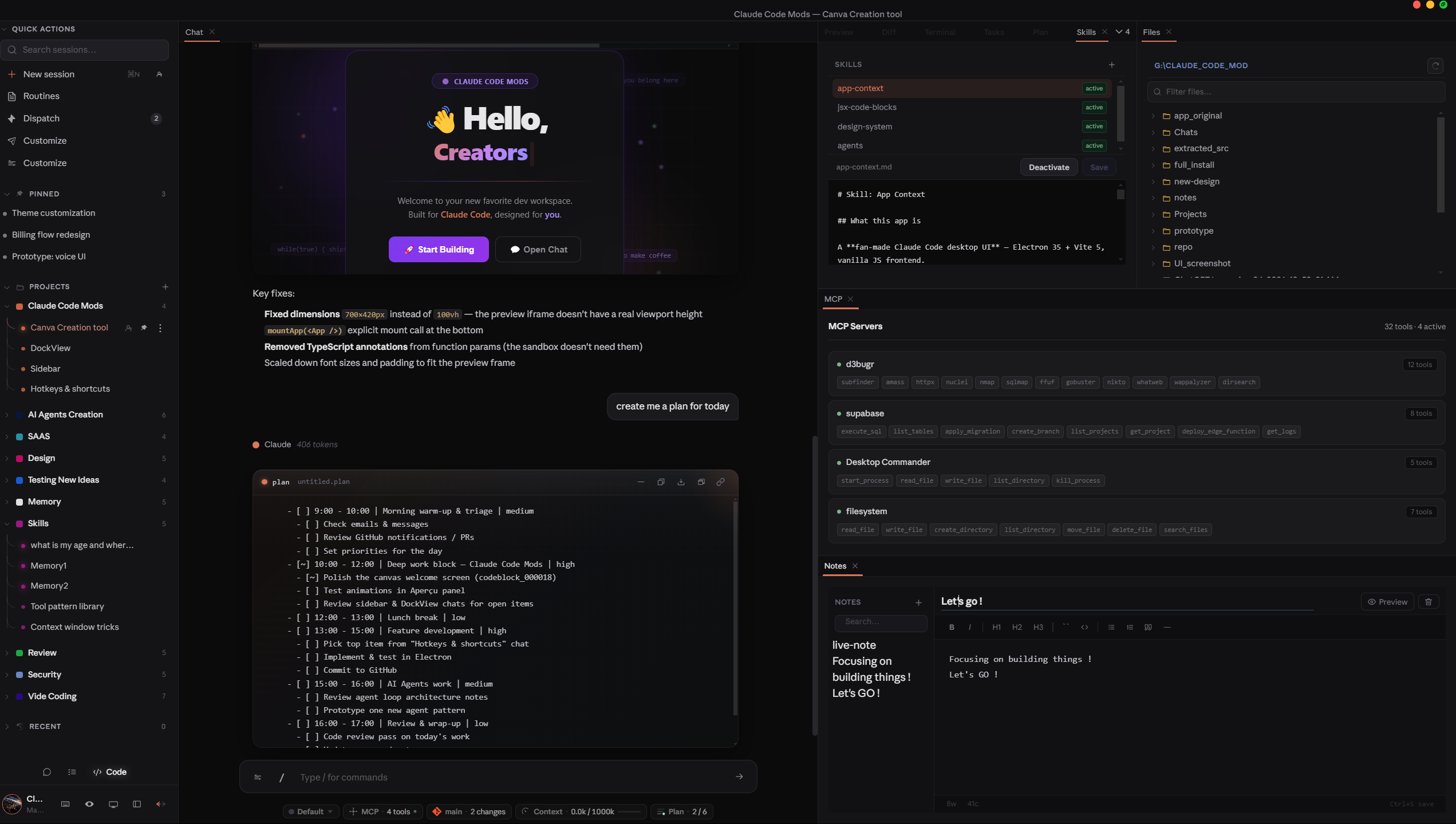 Claude Code Mods — multi-panel workspace