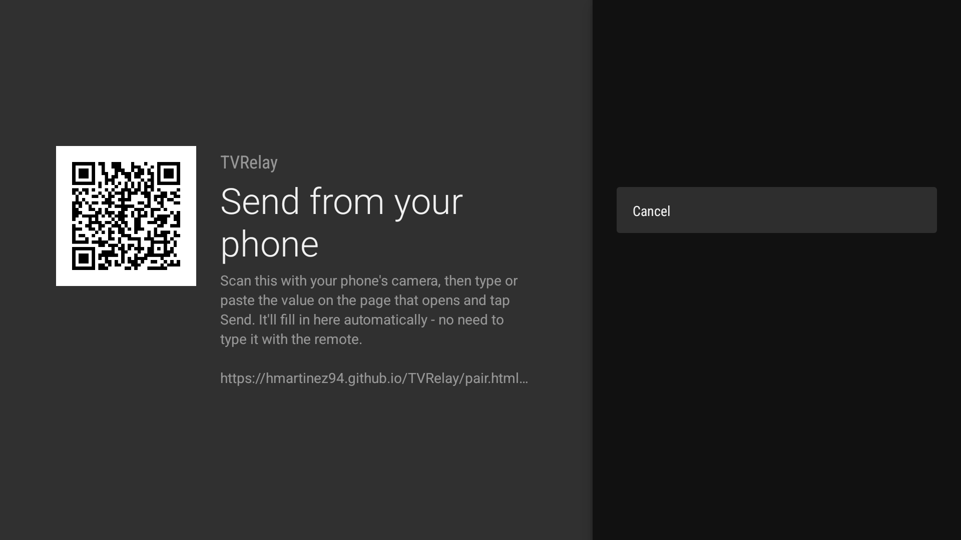 TVRelay's phone-pairing screen, showing a QR code to send a TMDB API key from a phone