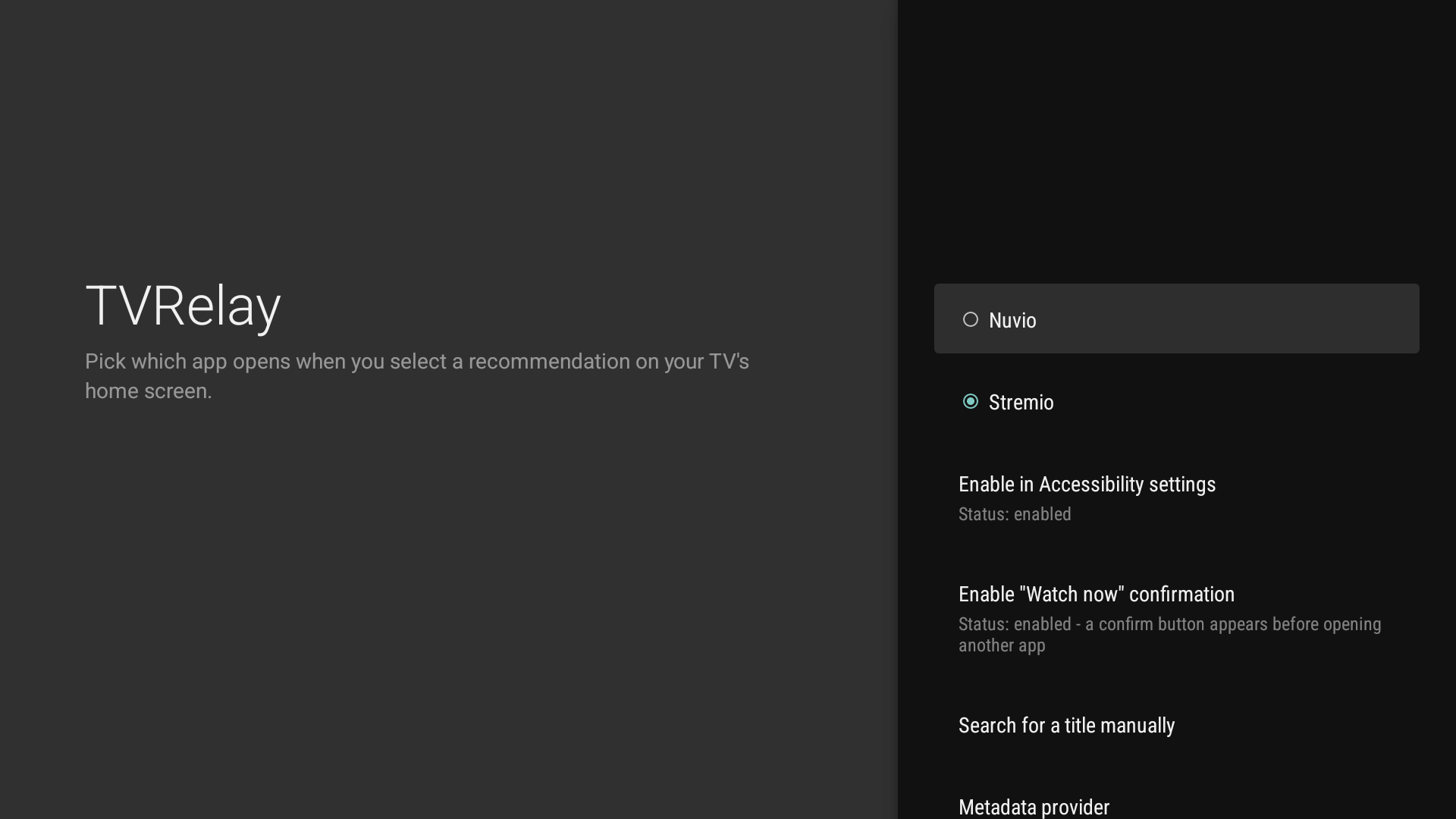 TVRelay's Settings screen on Google TV, showing the player choice and accessibility/overlay toggles