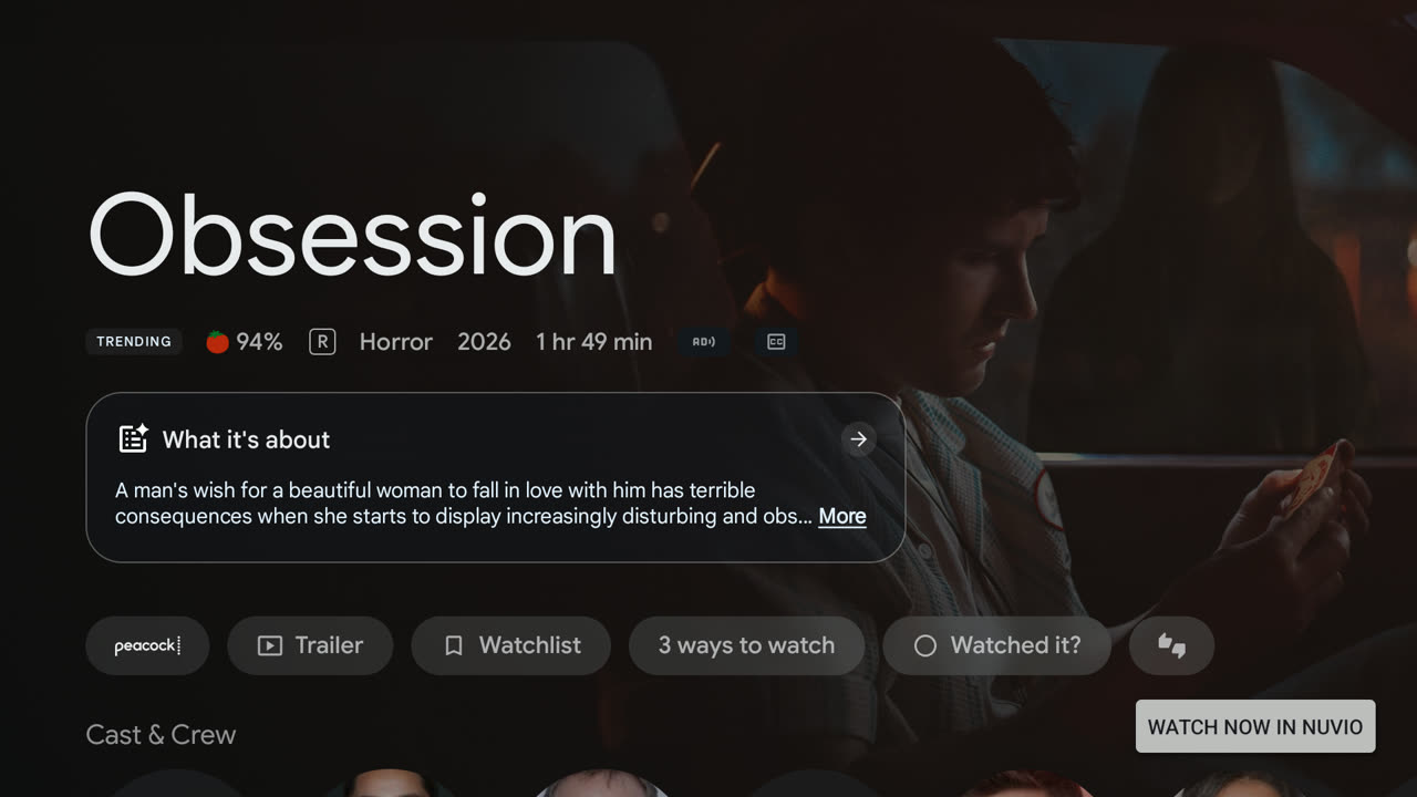 A Google TV recommendation page for the movie Obsession, with a 'Watch now in Nuvio' button from TVRelay floating over it