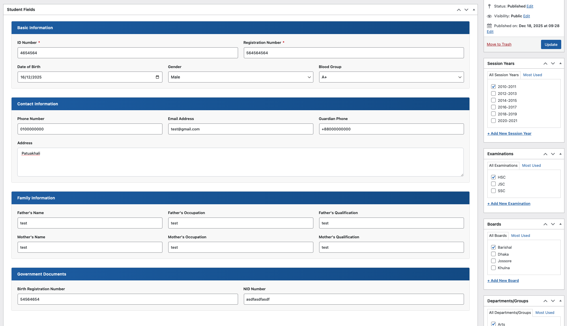 Detailed result sheet screenshot