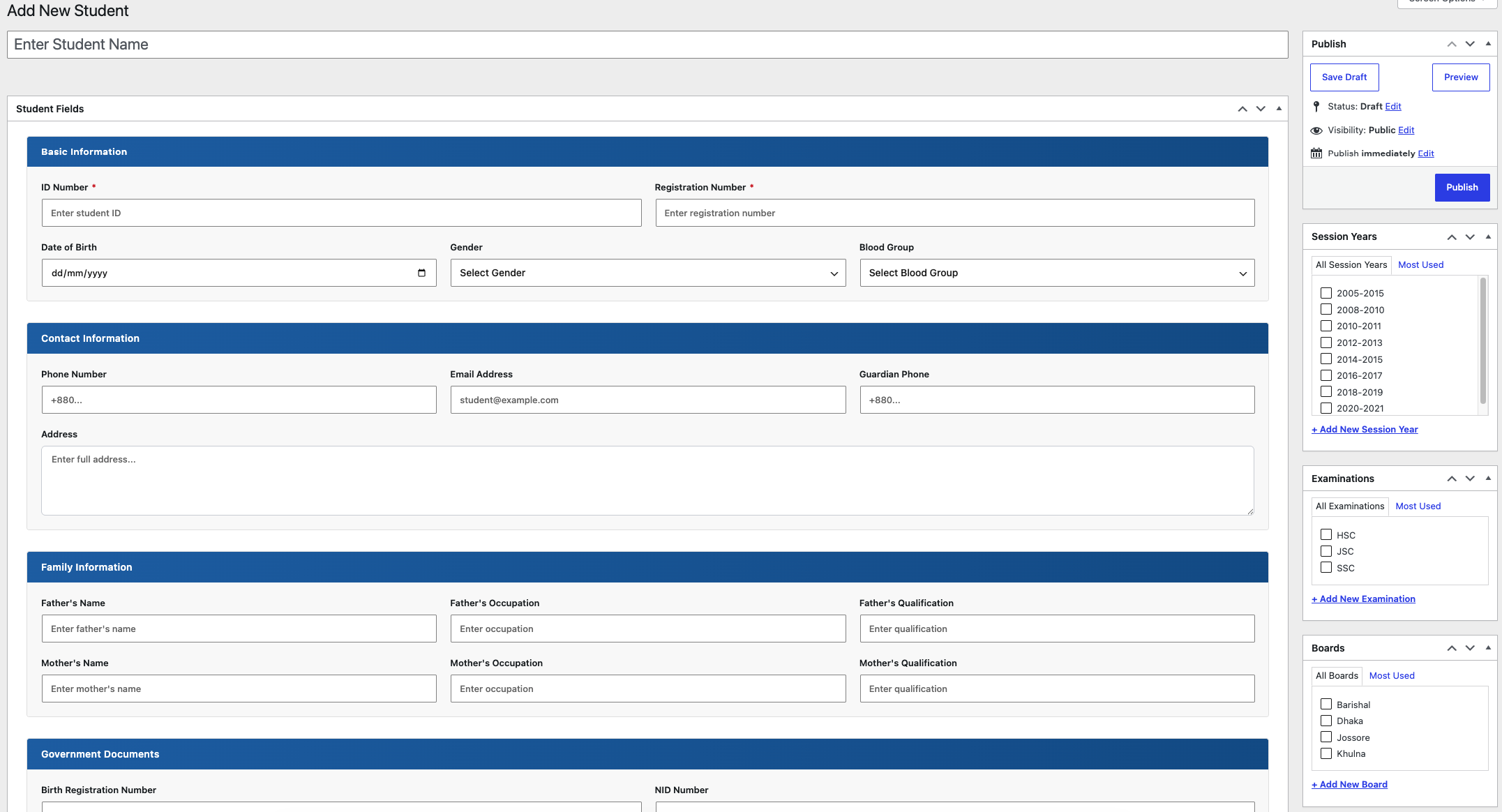 Add new student admin screen