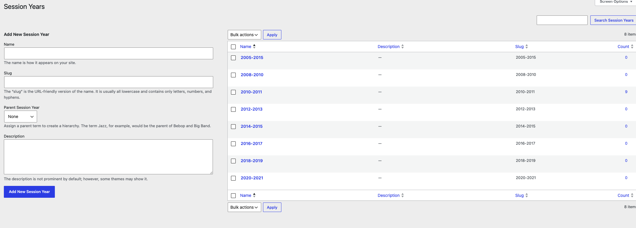 Session years taxonomy screen