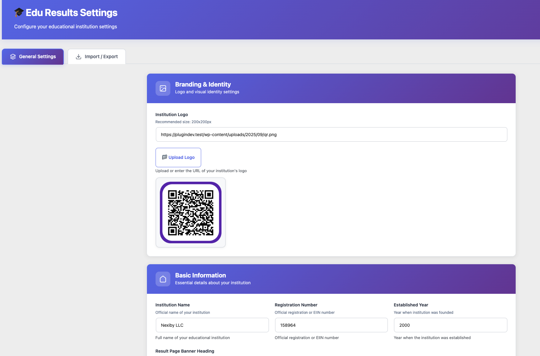 EDU Results settings page