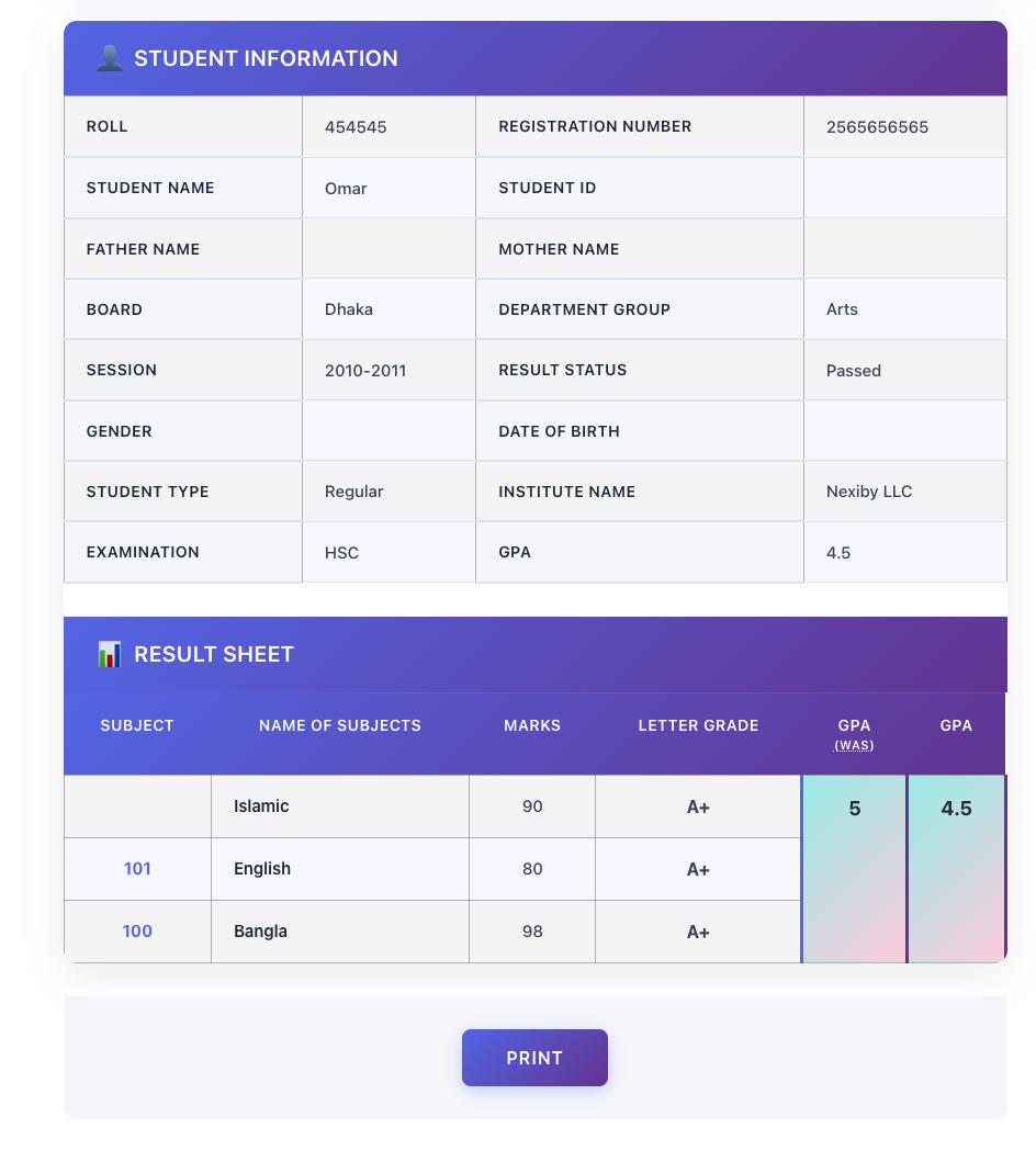 Frontend result search and result sheet preview