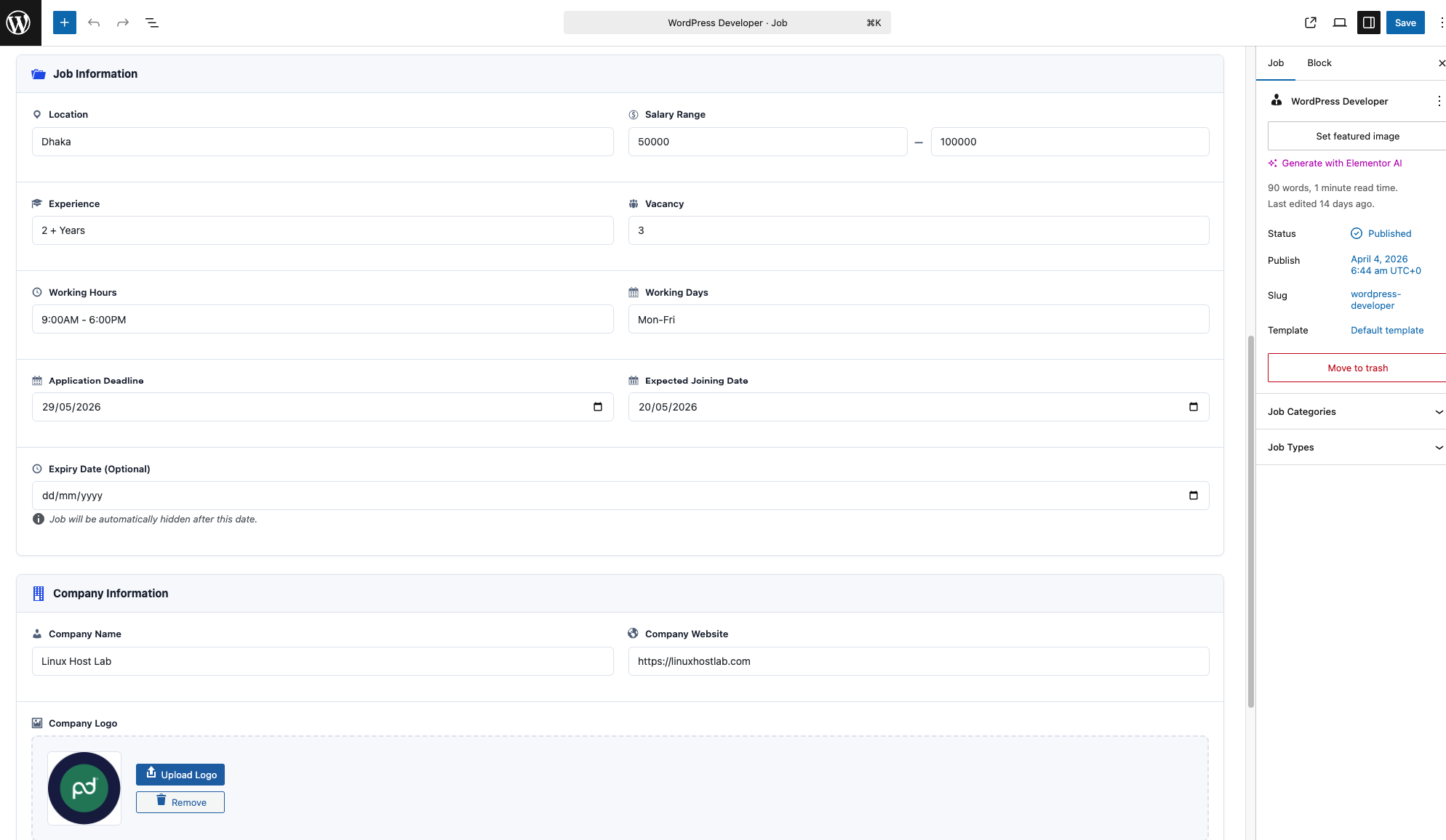 Talentora job editor screenshot
