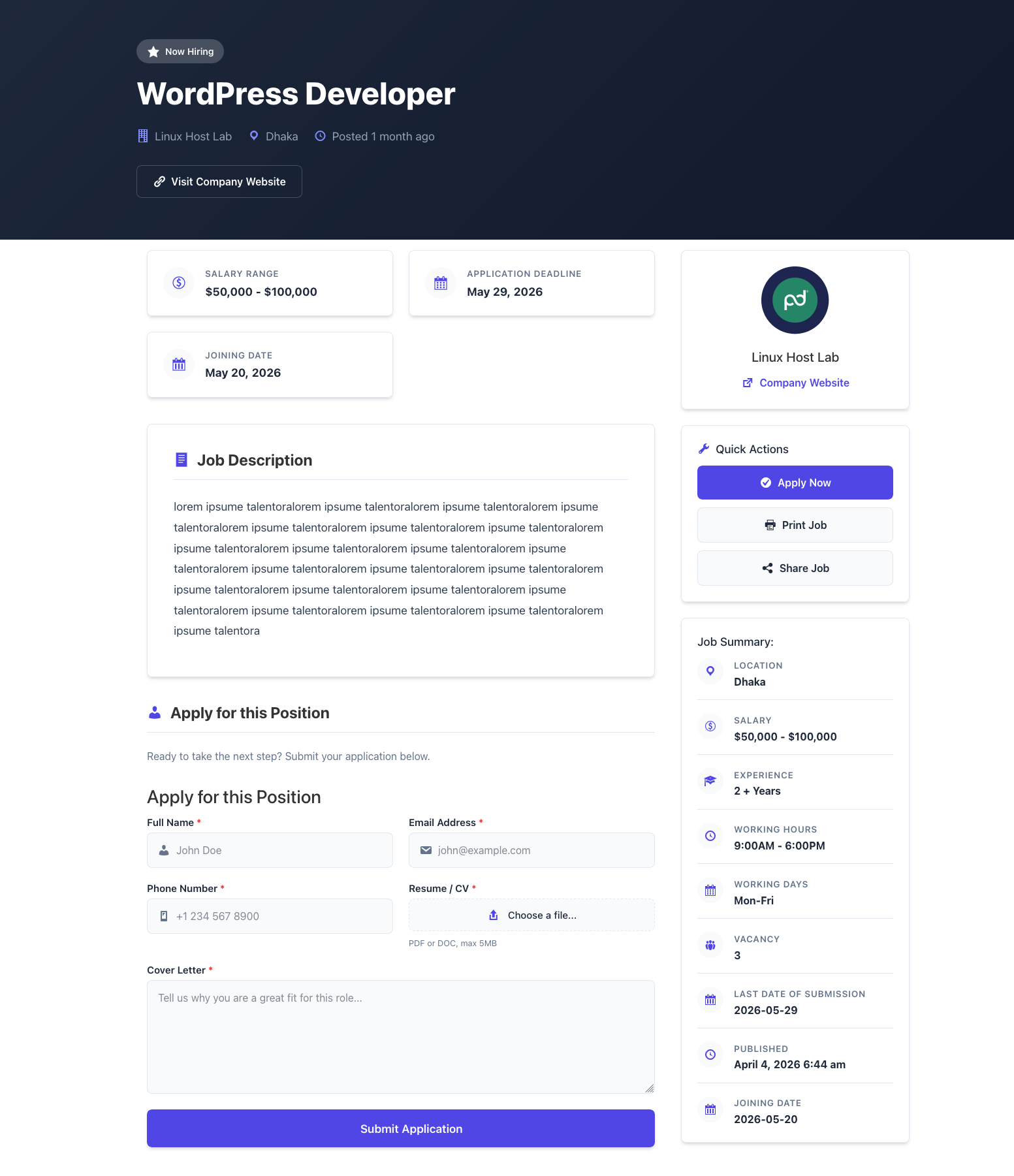 Talentora single job page screenshot