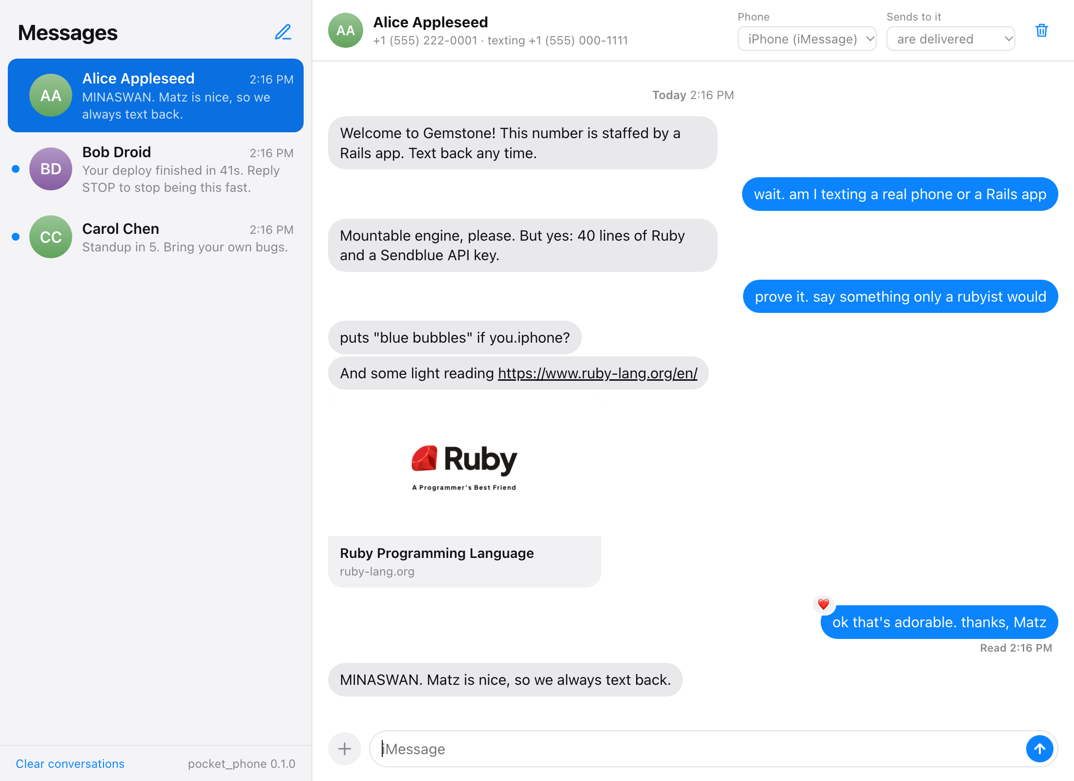 A conversation in pocket_phone: the app's messages in grey, replies typed in the browser in blue, a link preview, a tapback and a read receipt