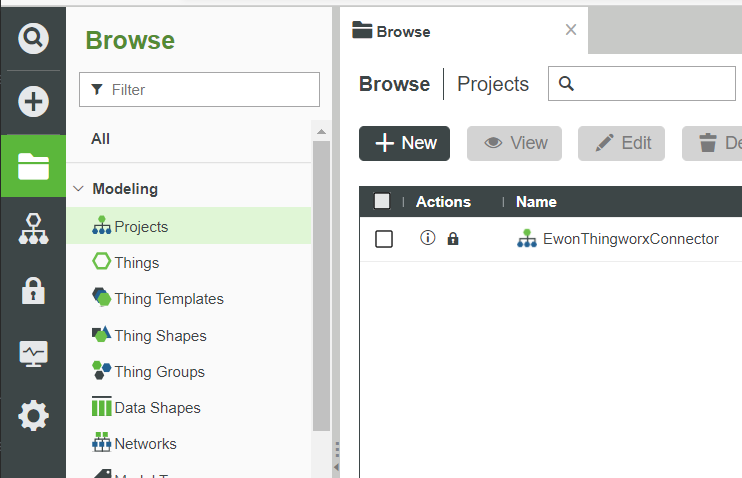 Image of Thingworx Browse Projects Window