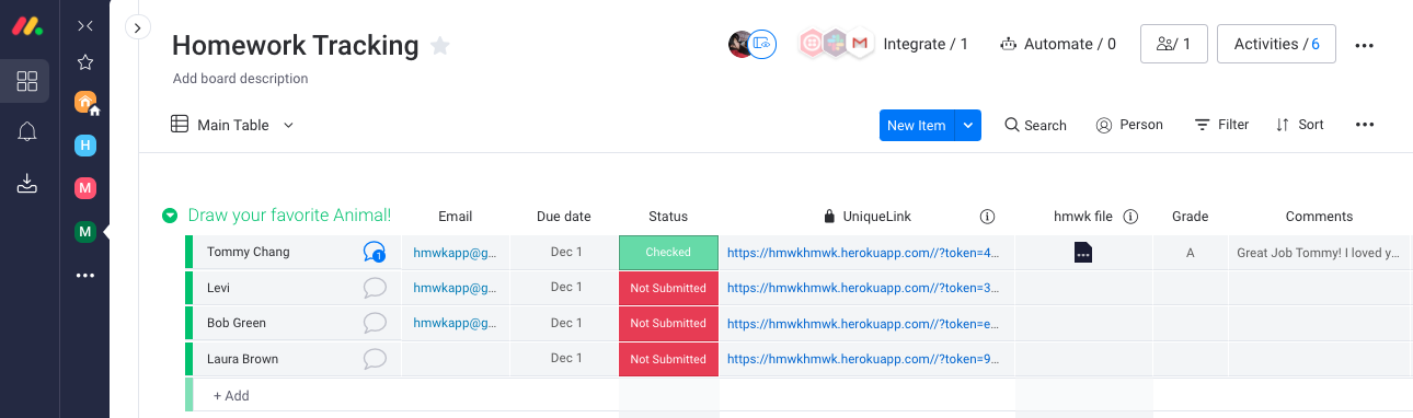 Homework Tracking Board with submissions