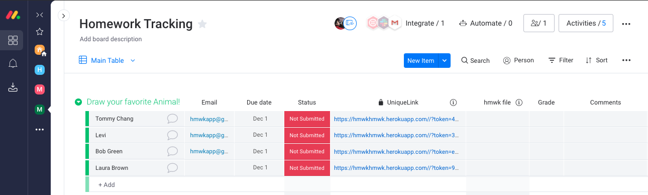 Homework Tracking Board