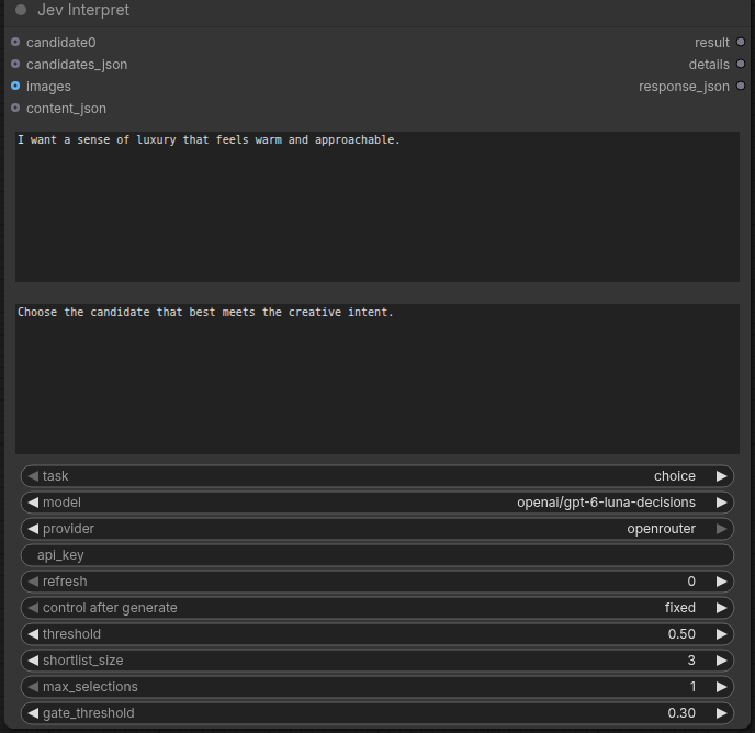 Jev Interpret node with image inputs, OpenRouter model selection, and judgment outputs