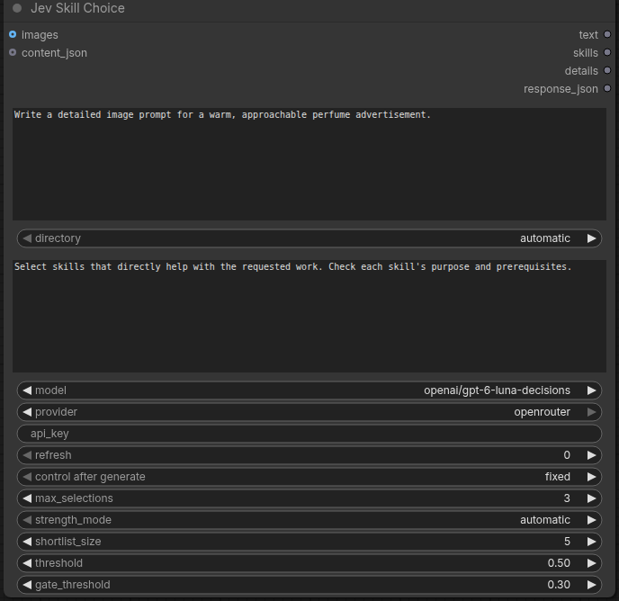 Jev Skill Choice node with image inputs, model selection, and skill outputs