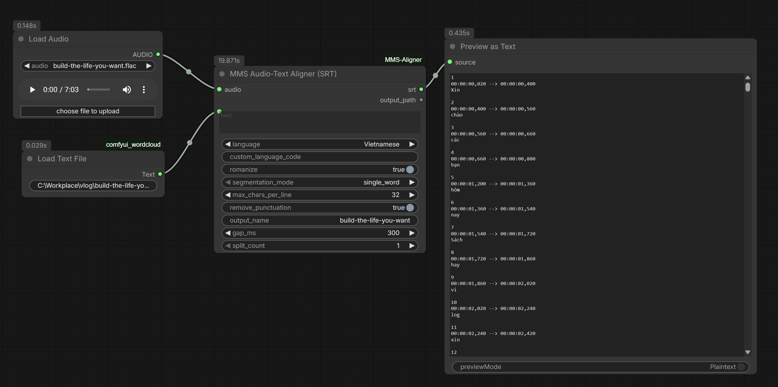 MMS Aligner workflow — single-word Vietnamese alignment with Load Audio + Load Text File feeding the aligner, previewed as SRT